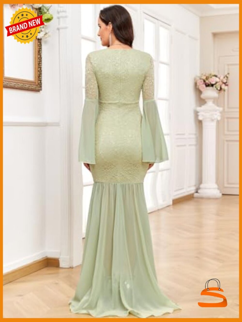 Maternity Lace Chiffon Mermaid Gown Bell Sleeve V-Neck Maxi Dress Photoshoot - Picture 6 of 7